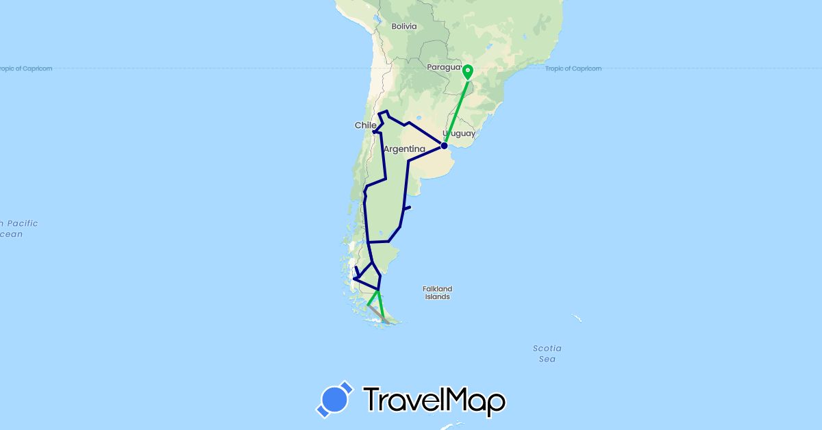 TravelMap itinerary: driving, bus, plane, boat in Argentina, Chile (South America)